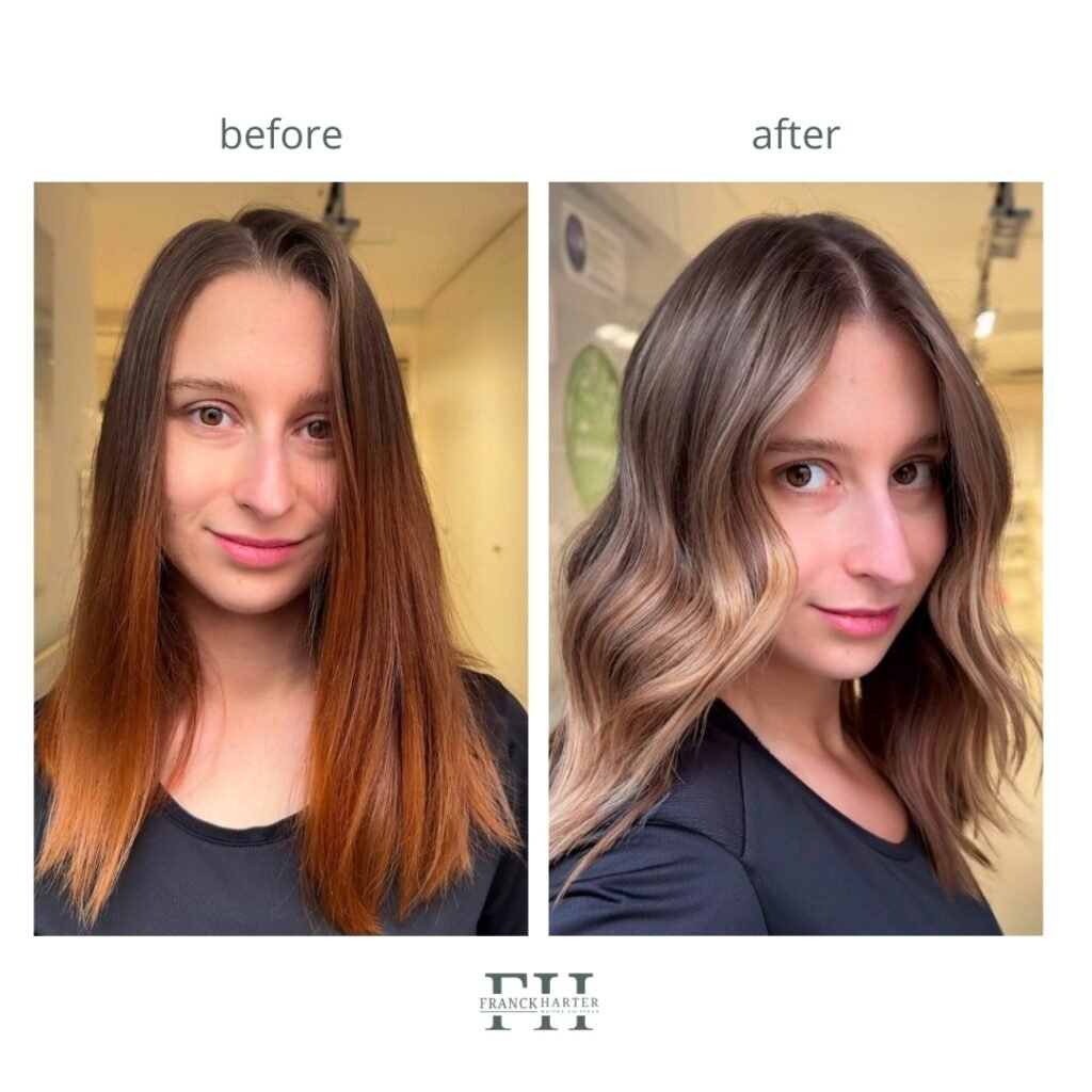 Transformation avant/après avec la technique AirTouch à Strasbourg, mettant en lumière un passage d’une coloration cuivrée à un brun froid multidimensionnel, en accord avec les tendances coloration 2025.