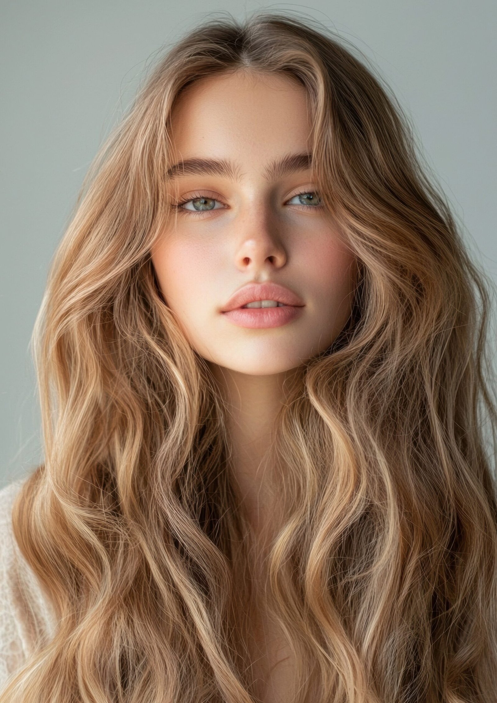 Jeune femme avec une coloration blond sable lumineuse et naturelle, mettant en valeur des cheveux longs et ondulés, parfaite pour les tendances 2025 à Strasbourg.
